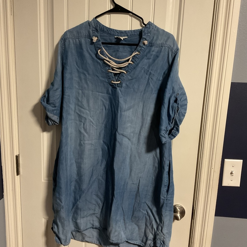 Cato Blue Tunic Dress with Tie Front and Cuffed Sleeves